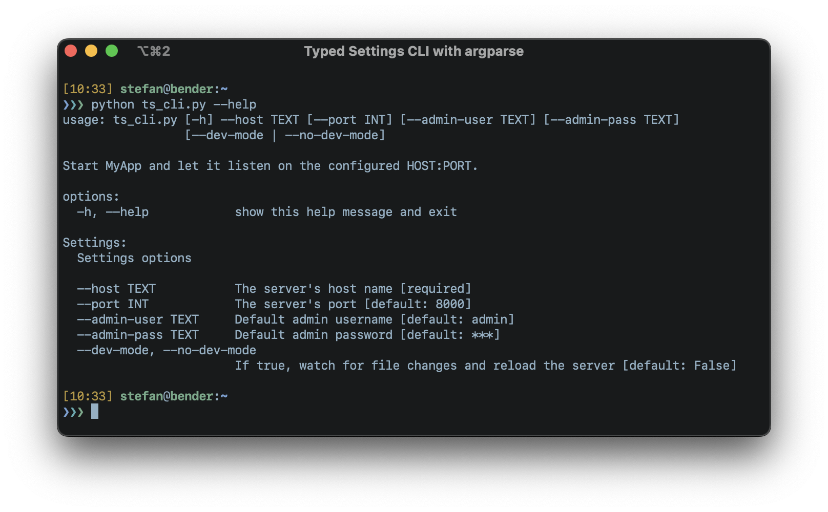 "--help" output of an "argparse" based Typed Settings CLI