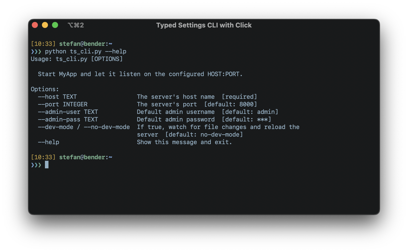 "--help" output of a "Click" based Typed Settings CLI