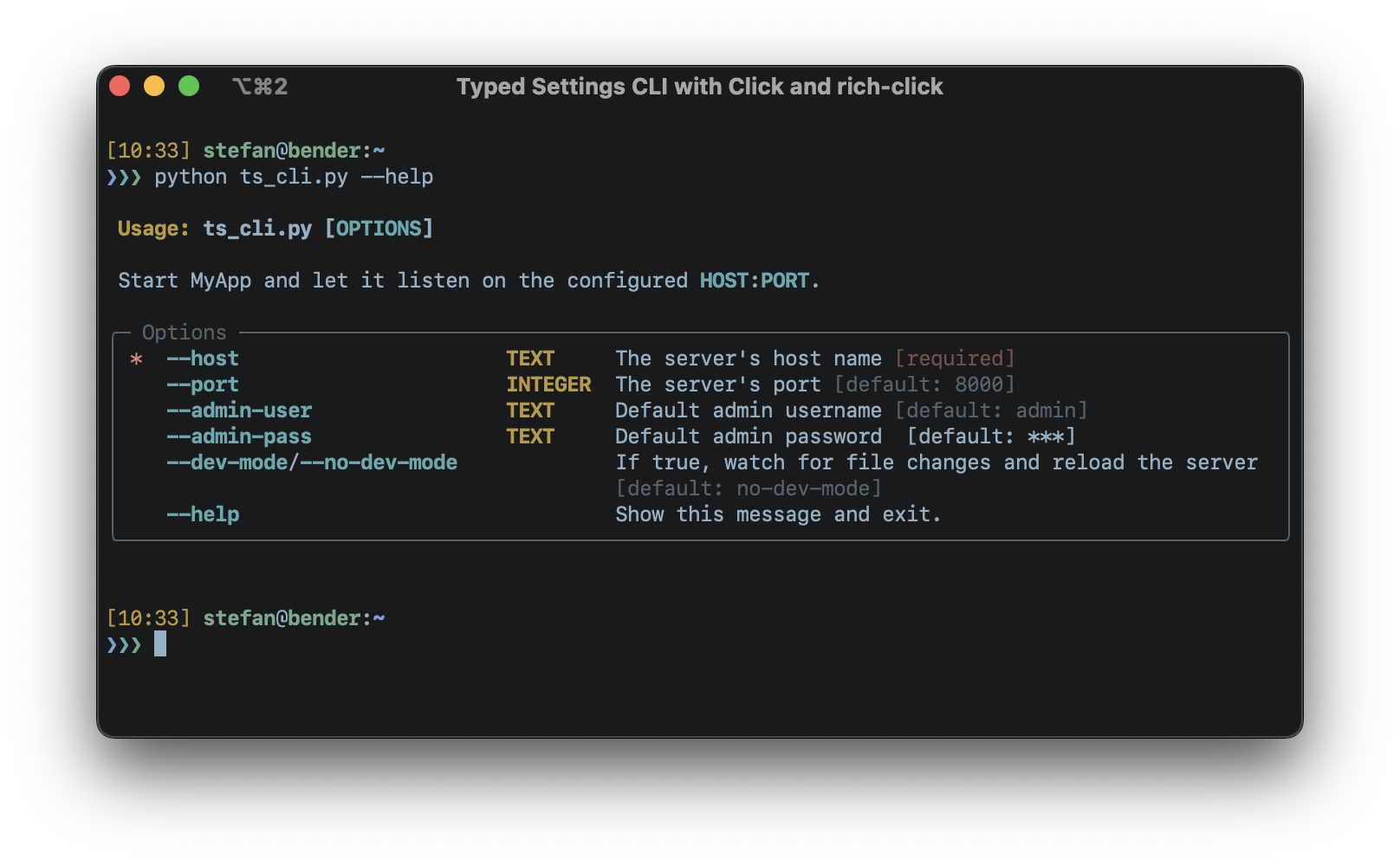 "--help" output of a "Click" based Typed Settings CLI with "rich-click" styling